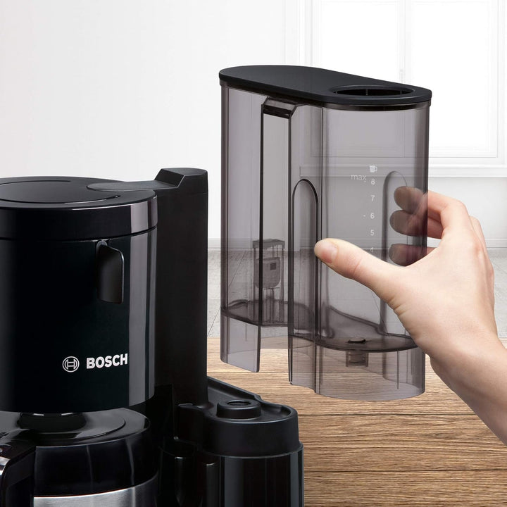 Bosch filtru de cafea Styline TKA8A053, senzor de aromă, cană termo din oțel inoxidabil 1,1 L, pentru 8-12 cești, oprire automată, sistem de detartrare, opritor de picurare, rezervor de apă detașabil (1 L), 1100 W, negru