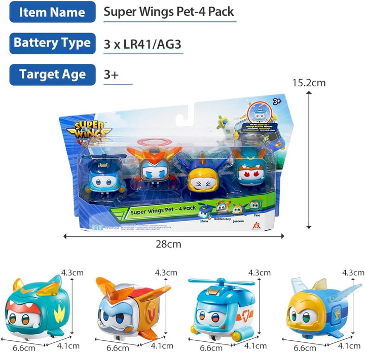 Super Wings Super Pets 4 PCS Shine, Golden Boy, Jerome, Ellie, cu expresie facială comutabilă, cu efect de fulger, portabil, jucărie pentru 3 4 5 6 7 8 ani băiat fată, 2 inci