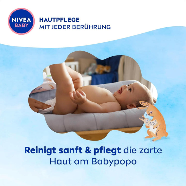 NIVEA Baby AQUA Feuchttücher, Baby Feuchttücher Zur Sanften Reinigung Empfindlicher Haut, Hypoallergene Und Parfümfreie Feuchttücher Für Babys Mit 99% Wasser (4 X 57 Stück)