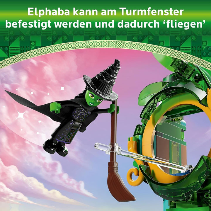 LEGO Wicked Welcome to Emerald City, jucărie cu turn, Glinda și Elphaba mini păpuși, cadou pentru fanii filmului și fete și băieți de la 9 ani, care iubesc casele de păpuși 75684