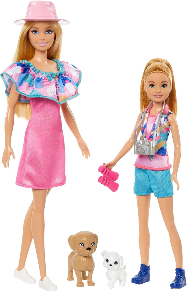 Barbie și sora mai mică Stacie - Asigură aventurile fraților în haine de vară și accesorii, inclusiv aparat de fotografiat, binoclu, pălărie de vară și două pălării mici, pentru copii de la 3 ani, HRM09