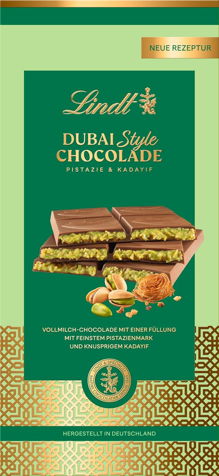 Lindt Dubai Style Chocolade | 145G Tafel | Feinste Vollmilch-Chocolade Mit Feinster Pistazienmark, Pistazien- Und Mandelkrokant Und Knuspriger Kadayif Füllung | Schokoladentafel | Schokoladengeschenk