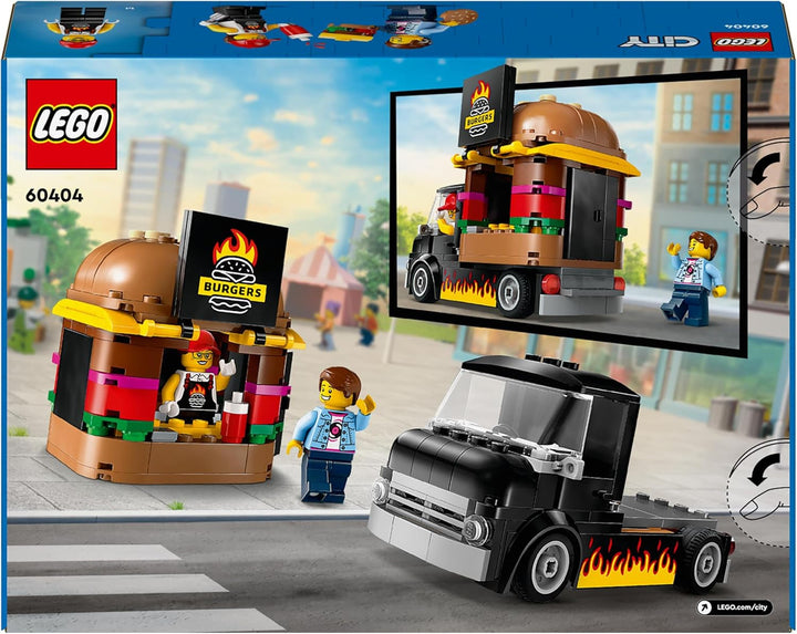 LEGO City Burger Truck, set de construcție cu mașină de jucărie pentru copii de 5 ani, minifigurină Food Truck și accesorii, cadou distractiv pentru băieți și fete 60404