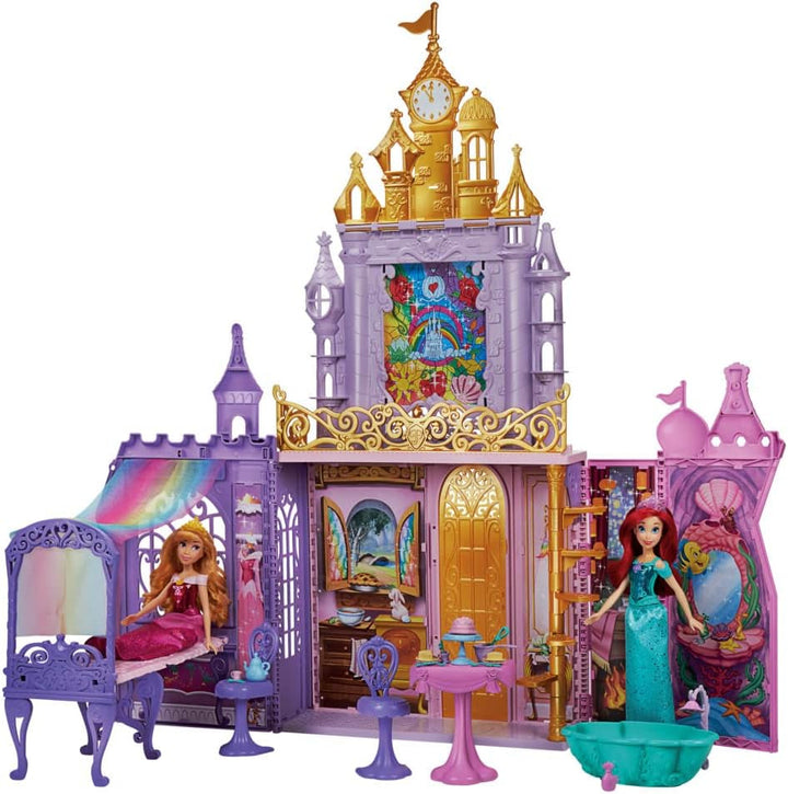 Castelul festiv al prințesei Disney pentru deplasare, casă de păpuși pliabilă cu mobilier și accesorii, pentru fete de la 3 ani