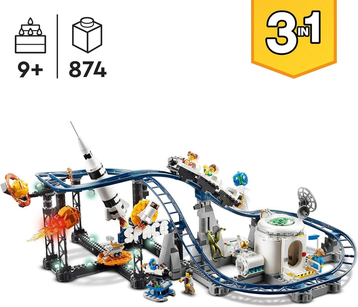 LEGO 31142 Creator 3-In-1 Rollercoaster spațial, kit de jucărie pentru bâlci cu cărucioare funcționale, convertibil în turn de cădere liberă sau carusel cu rachete și cărămizi strălucitoare