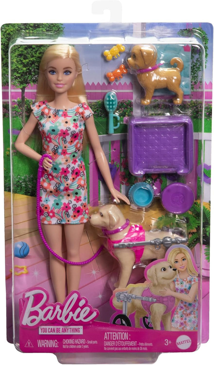 Păpușă Barbie Dog Duo și accesorii, inclusiv câine mic și câine mare cu scaun cu rotile, lesă, bol de mâncare, pat pentru animale de companie și tratează oasele, pentru copii de la 3 ani, HTK37