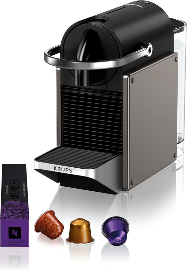 Aparat de cafea cu capsule Krups Nespresso Pixie Redesign, 1260 W, Rezervor de apă de 0,7 litri, Espresso sau Lungo, Economizor de energie, Capsule reciclabile, Set de bun venit inclus, Titan, XN306T10