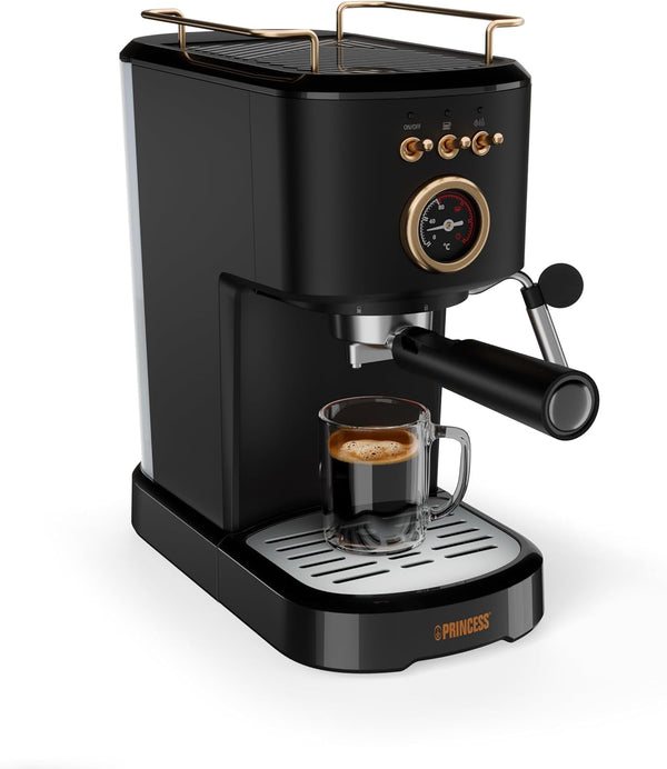 Espressoare Princess, 1100W, 20 bar presiune, Încălzitor de cești, Duză de abur, Rezervor de apă 1.2L, Pentru cafea, doze și capsule, Ușor de curățat, Oprire automată, 01.249417.01.001