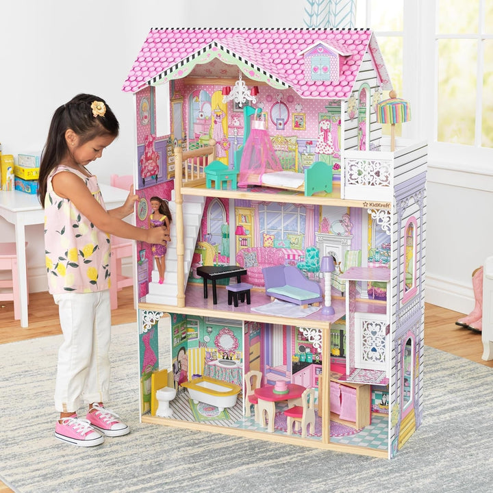 Casa de păpuși din lemn Kidkraft Annabelle cu mobilier și accesorii, set de joacă cu lift și balcon pentru păpuși înalte de 30 cm, jucărie pentru copii de la 3 ani, 65934