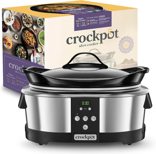 Crockpot, Elektronischer Schongarer | 5,7 L (5–6 Personen) | Programmierbar Mit Digitalem 20-Stunden-Timer | Edelstahl [SCCPBPP605], Silber