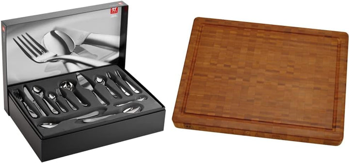 Set de tacâmuri ZWILLING, 68 de bucăți, 12 persoane, oțel inoxidabil 18/10 si masă de tăiat, bambus, medie 36 x 25,5 x 3 cm