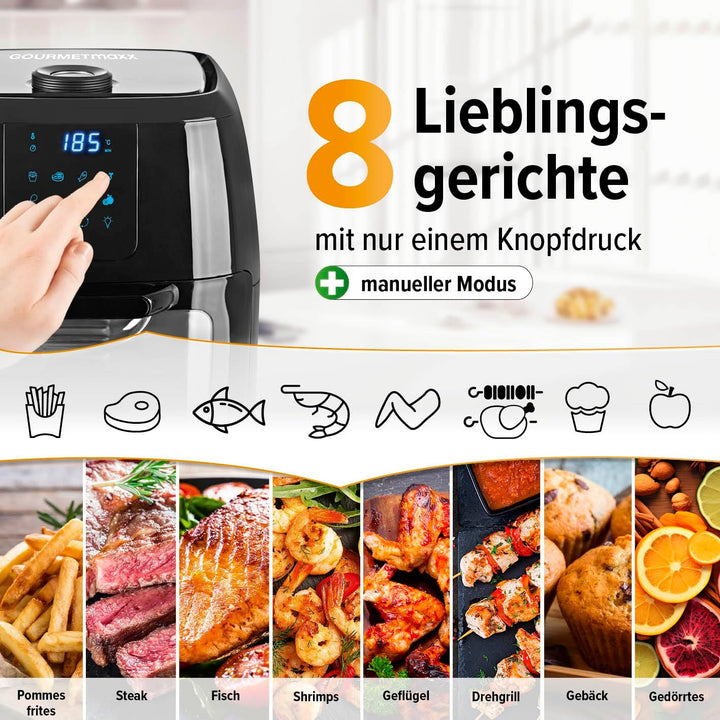 Gourmetmaxx Digitale Heißluftfritteuse XXL - 9L Ofen | Airfryer Mit Timerfunktion, Touchdisplay, Drehspieß, Schaschlikspießen | Fettarm, Energiesparend Frittieren | 8 Programme, 1800 W