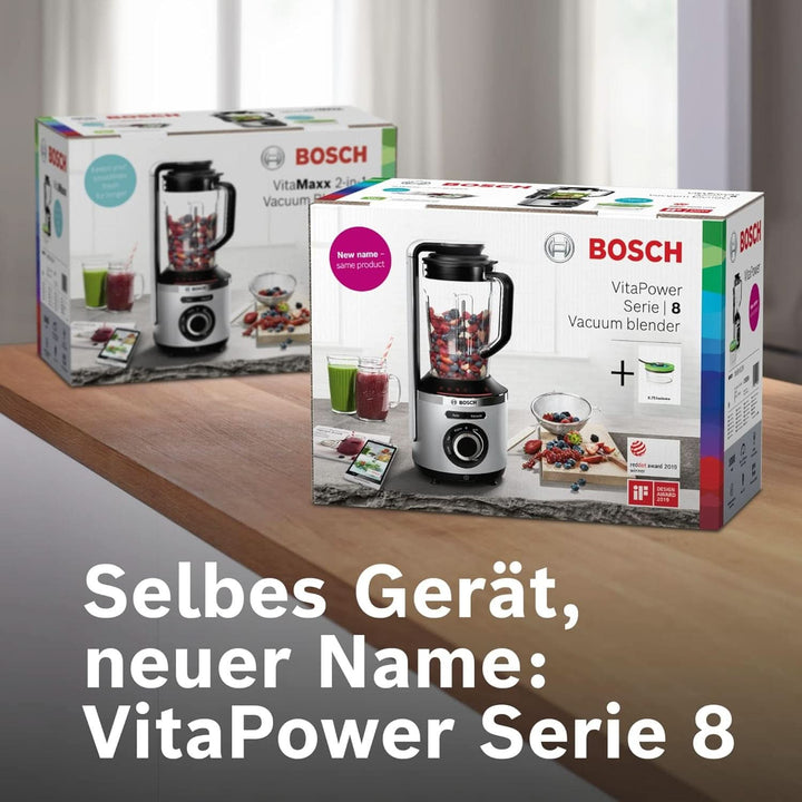 Bosch Vakuum-Standmixer Vitapower Serie 8 MMBV621M, Starke Mixleistung, Vitaminschonende Zubereitung, 4 Automatikprogramme, Vakuum-Togo Flasche, 37,000 U/Min, 1000 W, Silber