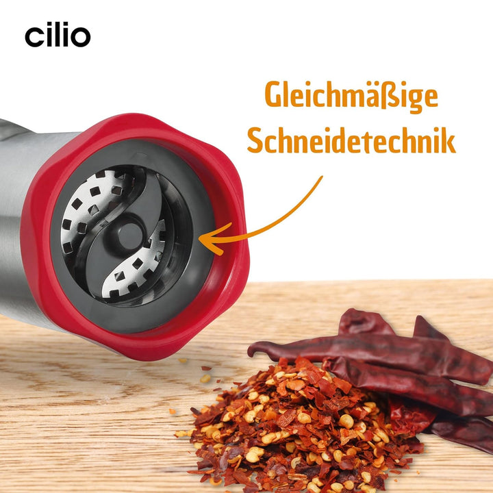 Cilio Chili Mühle PICCANTE | Zum Selbstbefüllen | Ø 6,5Cm, H: 14,5Cm | Mit Verschlusskappe | Inkl. Beschreibbaren Aufklebern | Für Gleichmäßig Feine Chilli Flocken