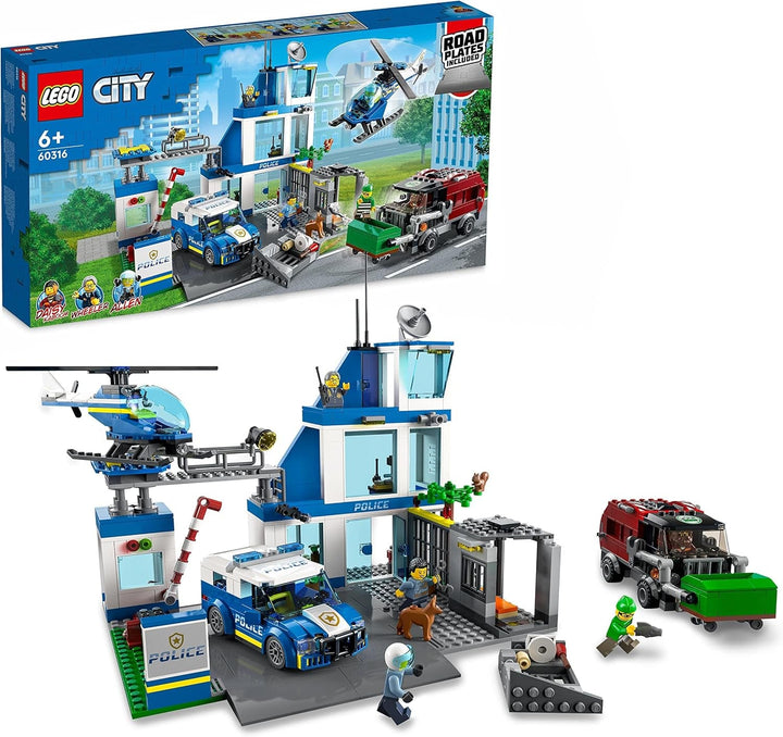 Stație de poliție LEGO 60316 City cu mașină de poliție, mașină Mill și elicopter, clădire construibilă cu 3 figuri, jucărie de poliție pentru băieți și fete de la 6 ani, cadou pentru copii