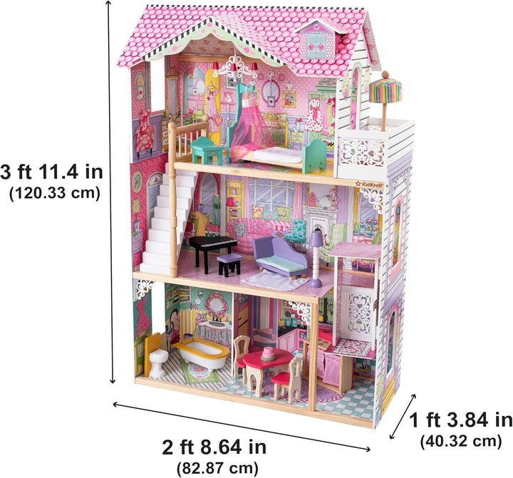 Casa de păpuși din lemn Kidkraft Annabelle cu mobilier și accesorii, set de joacă cu lift și balcon pentru păpuși înalte de 30 cm, jucărie pentru copii de la 3 ani, 65934