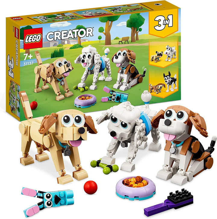 LEGO 31137 Creator 3In1 Set de câini drăguți cu figuri de animale Teckel, Pug, Poodle și multe altele, jucărie pentru copii 7+, cadou pentru iubitorii de câini