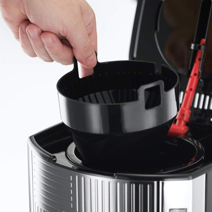 Cafetiera Russell Hobbs [cronometru digital, cap de duș pentru extracție și aromă optimă] Geo Stainless Steel Grey (Max 12 cești, ulcior de sticlă de 1,5L, placă de încălzire, 1000W) Filtru de cafea 25270-56