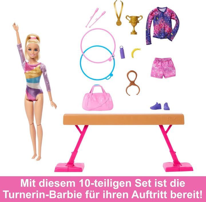 Barbie Gym Fun Playset cu bară de echilibru și peste 10 piese tematice potrivite pentru povești victorioase, HRG52