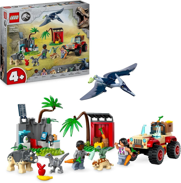 LEGO Jurassic World Rescue Centre for Baby Dinosaurs, set cu figurine mici de dinozauri, inclusiv Triceratops, Ankylosaurus și Velociraptor, cadou de construcție pentru băieți și fete de la 4 ani 76963