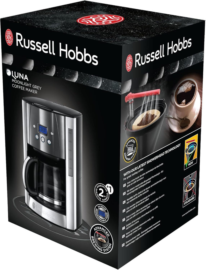 Cafetiera Russell Hobbs [cronometru digital, cap efervescent pentru extracție și aromă optime] Luna Grey (Max 12 cești, halbă de sticlă de 1,5L, placă de menținere la cald, 1000W) Filtru de cafea 23241-56