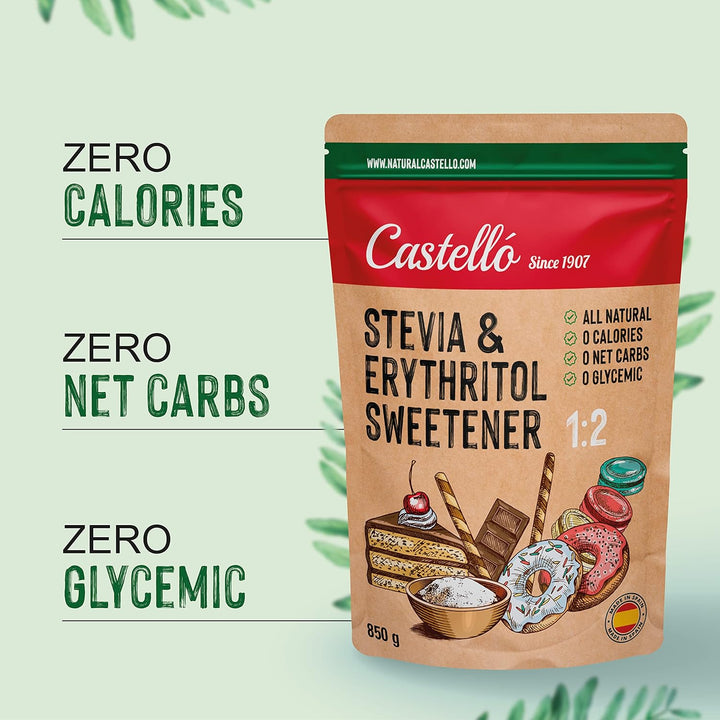 Stevia + Erythrit 1:2 Süßstoff | 1G = 2G Zucker | 100% Natürlicher Zuckerersatz - 0 Kalorien - 0 Glykämischer Index - Keto Und Paleo - 0 Netto-Kohlenhydrate - Kein GVO - Castello since 1907 - 850 G