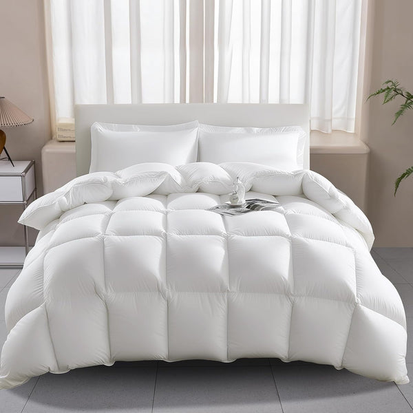 135X200 Plapumă pentru toate anotimpurile 100% plapumă de bumbac cu puf de gâscă și pene, plapumă de pene cu umplutură groasă fără pluș viu, plapumă de tranziție extra pufoasă 3D Baffle Box pentru pat unic, alb