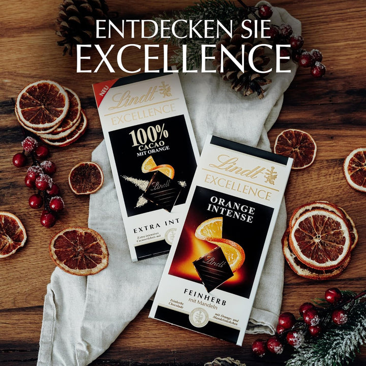 Lindt EXCELLENCE 100 % Kakao & Orange | 50 G Tafel | Extra Dunkle Schokolade Mit 100 % Kakaoanteil & Fruchtigen Orangenstückchen | Vegane Schokoladentafel