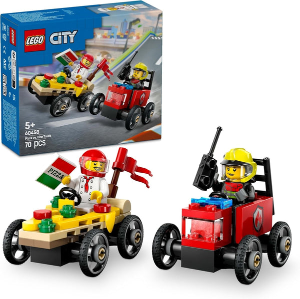 LEGO City Pizza Delivery Van Vs. Pizza Truck - Jucărie cu cutie de săpun pentru fete și băieți de la 5 ani - Set de construcție cu 2 minifigurine șofer - Cadou aniversar și de vacanță 60458