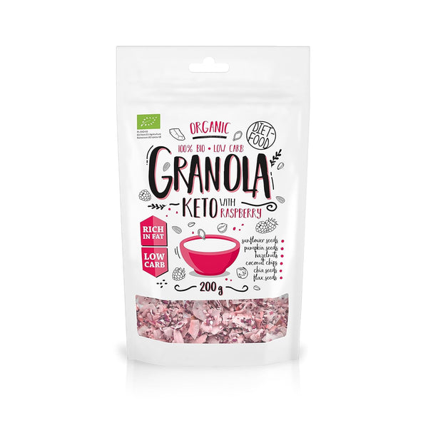 DIET-FOOD Keto Granola Mit Himbeere Low Carb Und Fettarm Glutenfreies Granola Frühstücksmüsli Non-Gmo Snack Ohne Zuckerzusatz 200G 1Er Pack