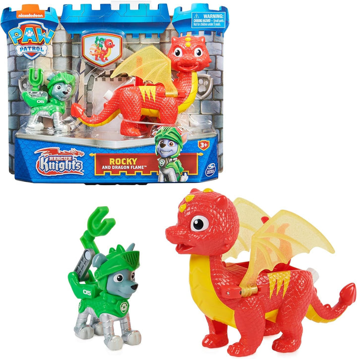 PAW PATROL, Rescue Knights Rocky și Dragon Flame set de figurine de acțiune, jucărie potrivită pentru copii cu vârsta de peste 3 ani