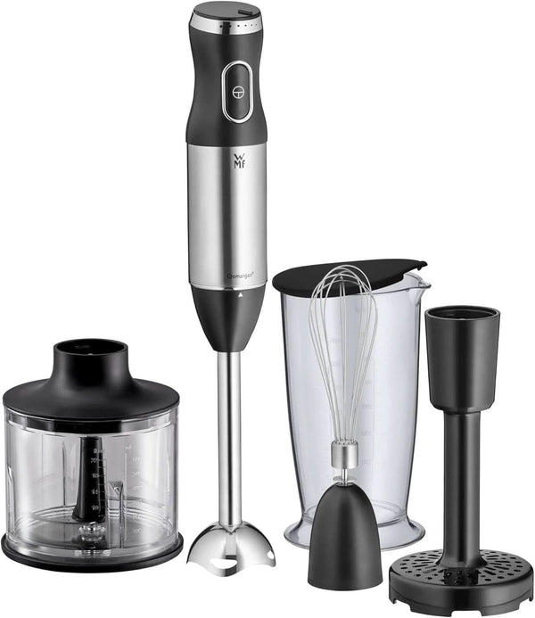 WMF Kult X Stabmixer Set 5-Teilig, Pürierstab, Schneebesen, Stampfer, Zerkleinerer, 600 Watt, Zauberstab Inkl. 700Ml Mixbehälter, Edelstahl Matt