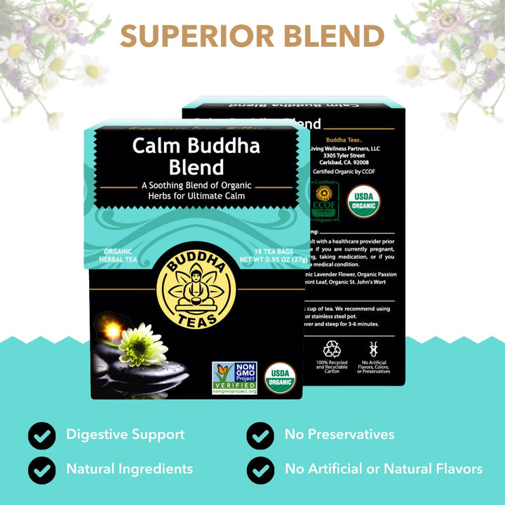 - Calm Buddha Blend - Organic Herbal Tea - for Health & Wellbeing - Blend of Organic Herbs - Clean Ingredients - Caffeine Free - OU Kosher & Organic - Non-Gmo - 18 Bleach-Free Tea Bags Tea USA Naty Shop