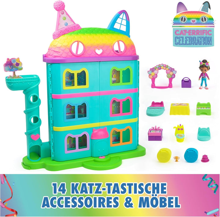Casa de păpuși Gabby™S, set de 15 piese pentru casa de păpuși Purrfect Party cu aspect curcubeu, de peste 60 cm, cu figura Gabby, mobilier și efecte sonore, de la 3 ani