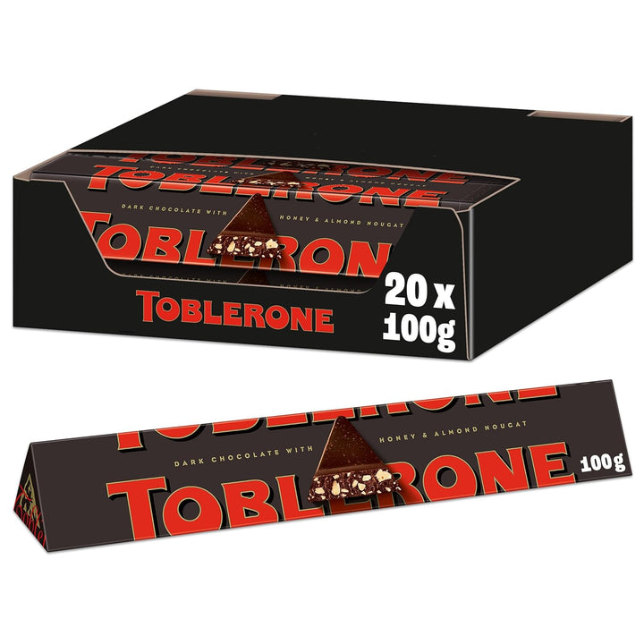 Toblerone Dunkel 20 X 100G, Dunkle Schweizer Schokolade Mit Honig- Und Mandelnougat