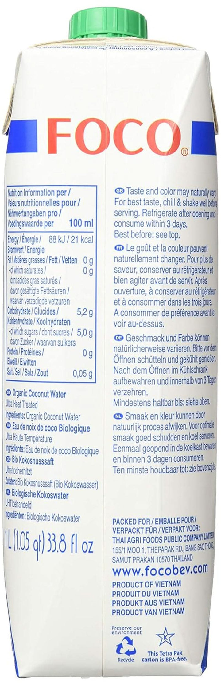 FOCO Apă de nucă de cocos organică, pură, răcoritoare, băutură sport, 100 % apă de nucă de cocos - 6 X 1 litru