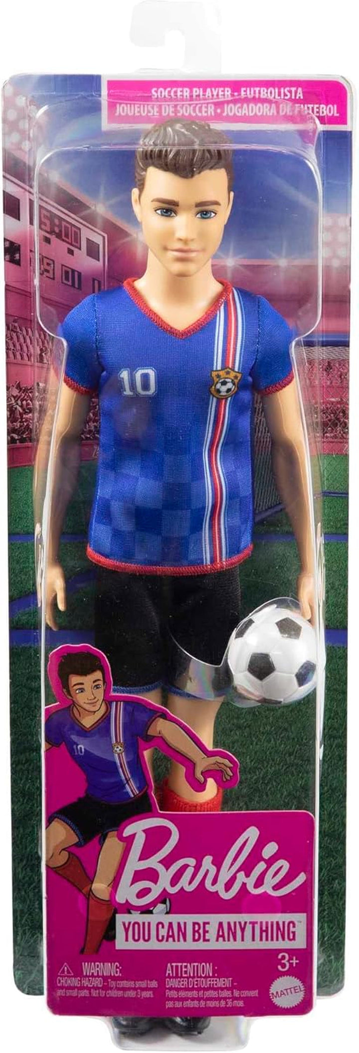 Barbie You Can Be Anything Series, Păpușă Ken Fotbalist, Păpușă Ken cu păr șaten, tricou albastru, fotbal, 1X Păpușă Ken Fotbalist, cadou pentru copii, jucării de la 3 ani, Hcn15