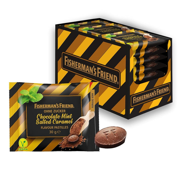 Fisherman's Friend Chocolate Mint Salted Caramel, pastile cu aromă de ciocolată, mentă și caramel sare, bomboane fără zahăr și vegane, 20 x 30g