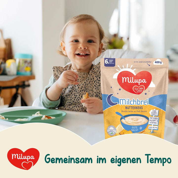 Milupa Milchbrei Butterkeks – Babybrei Ohne Palmöl – Frei Von Konservierungs- Und Farbstoffen – Ab Dem 6. Monat – 4 X 400 G (Packung Mit 2)