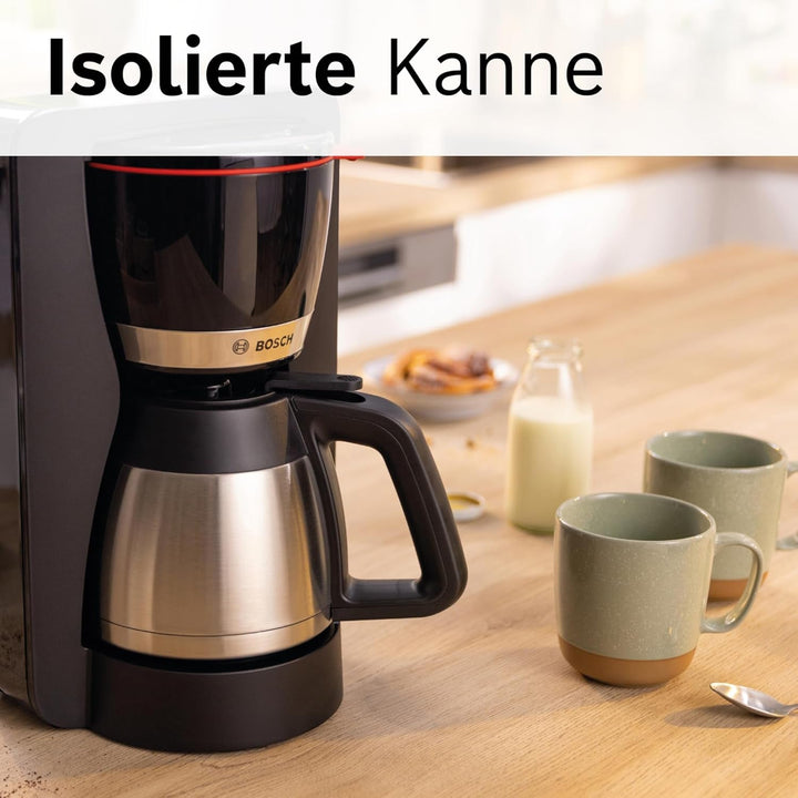 Mașină de cafea cu filtru Bosch Mymoment TKA6M273, cană termo 1 L, pentru 8-12 cești, opritor de picurare, suport pivotant pentru filtru, program de detartrare, rezervor de apă detașabil, 1200 wați, negru mat