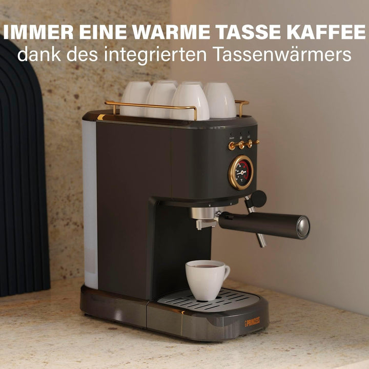 Espressoare Princess, 1100W, 20 bar presiune, Încălzitor de cești, Duză de abur, Rezervor de apă 1.2L, Pentru cafea, doze și capsule, Ușor de curățat, Oprire automată, 01.249417.01.001