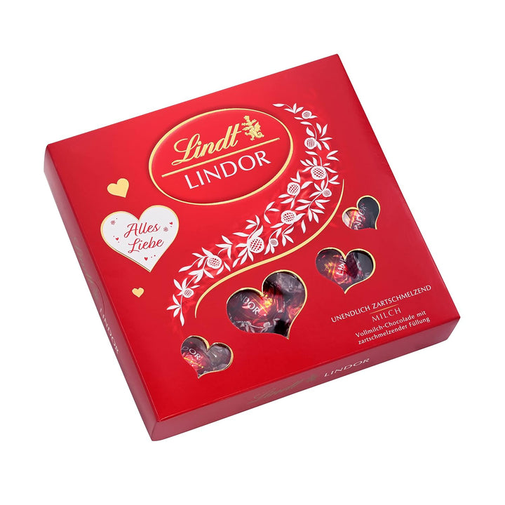 Lindt Lindor Herzpackung, Unendlich Zartschmelzende Lindor Kugeln Milch in Einer Hochwertigen Herzpackung, 4Er Pack (4 X 112 G)