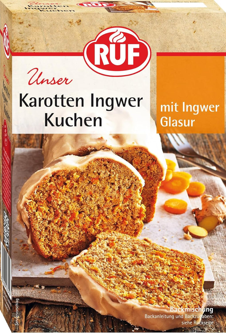 RUF Karotten-Ingwer-Kuchen, Backmischung Für Einen Saftigen Karottenkuchen Mit Frischen Möhren Und Fruchtiger Ingwer-Zuckerglasur, Vegan