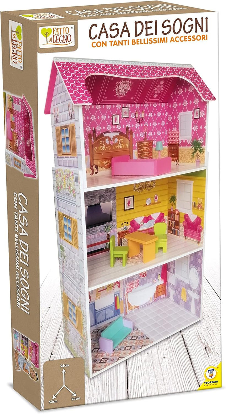 Teorema 40602 - Casă de păpuși din lemn cu 3 etaje și 5 camere, înălțime 96 cm, mobilier și decorațiuni