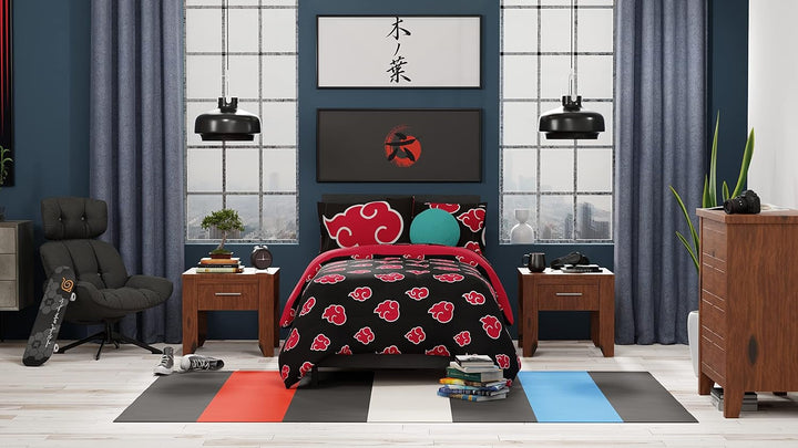Franco Naruto Anime Akatsuki Pattern Lenjerie de pat moale microfibră Plapumă Queen, (produs oficial Naruto)