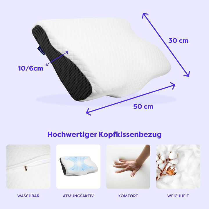 Pernă ortopedică Wolkenfeld, pernă pentru reducerea durerii de gât, pernă pentru gât din spumă cu memorie - pernă ergonomică pentru cap - pernă pentru dormit lateral pentru dormit lateral, spate și stomac Perne ortopedice cervicale Naty Shop