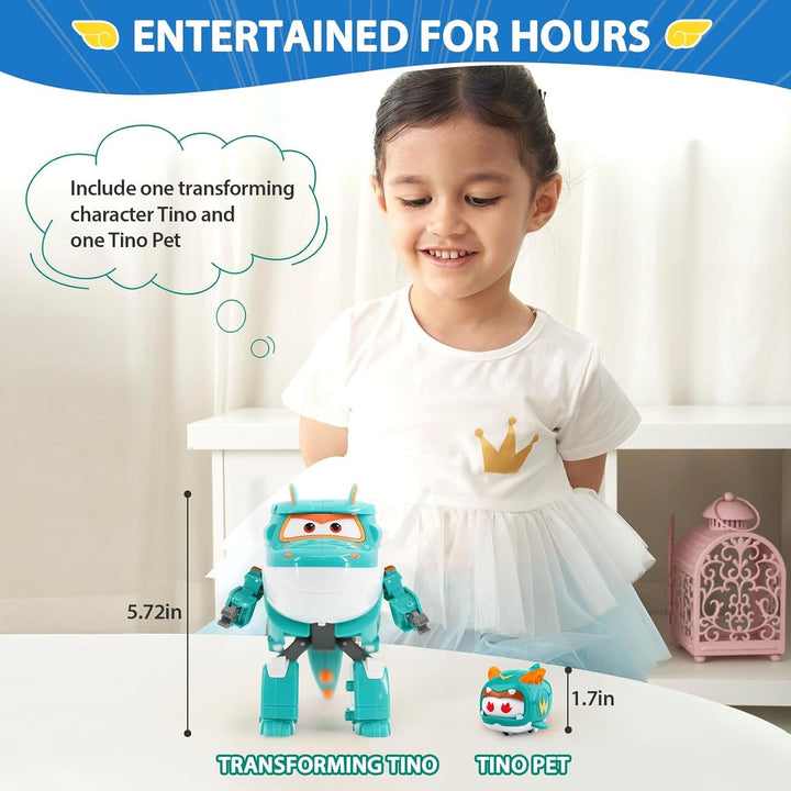 Super Wings EU770447 - Transforming Tino & Pet, figură de joacă transformabilă cu înălțimea de aprox. 14,5 cm și animal de companie cu înălțimea de aprox. 4,3 cm, pentru copii cu vârsta de peste 3 ani