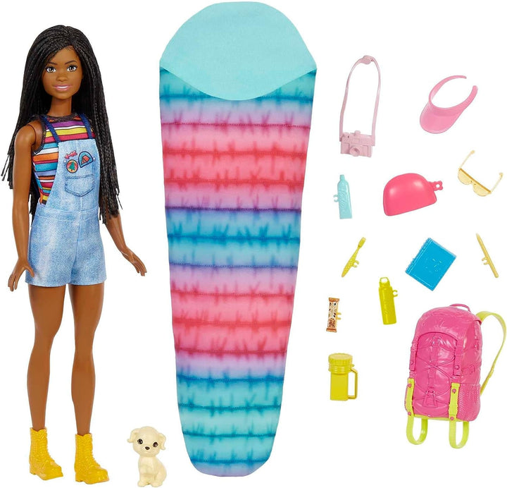 Barbie Camping Series, păpușă 1X cu păr blond, rucsac de drumeție, echipament de exterior, binoclu, hartă, cățel, accesorii, cadou pentru copii, jucărie de la 3 ani,Hdf73