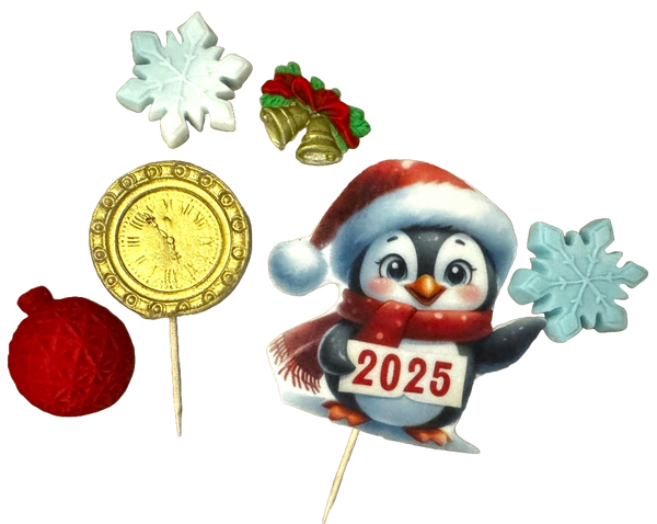 Set 6 edible decorations from sugar paste, winter holidays, 2025