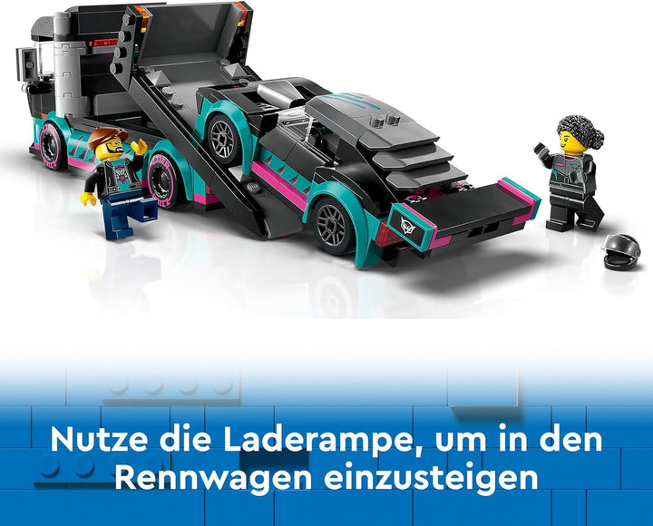 LEGO City Car Transporter cu mașină de curse, camion jucărie cu rampă de încărcare reglabilă și mașină de curse, set de construcție cu 2 minifigurine, șofer de curse și șofer de camion, copii de peste 6 ani 60406